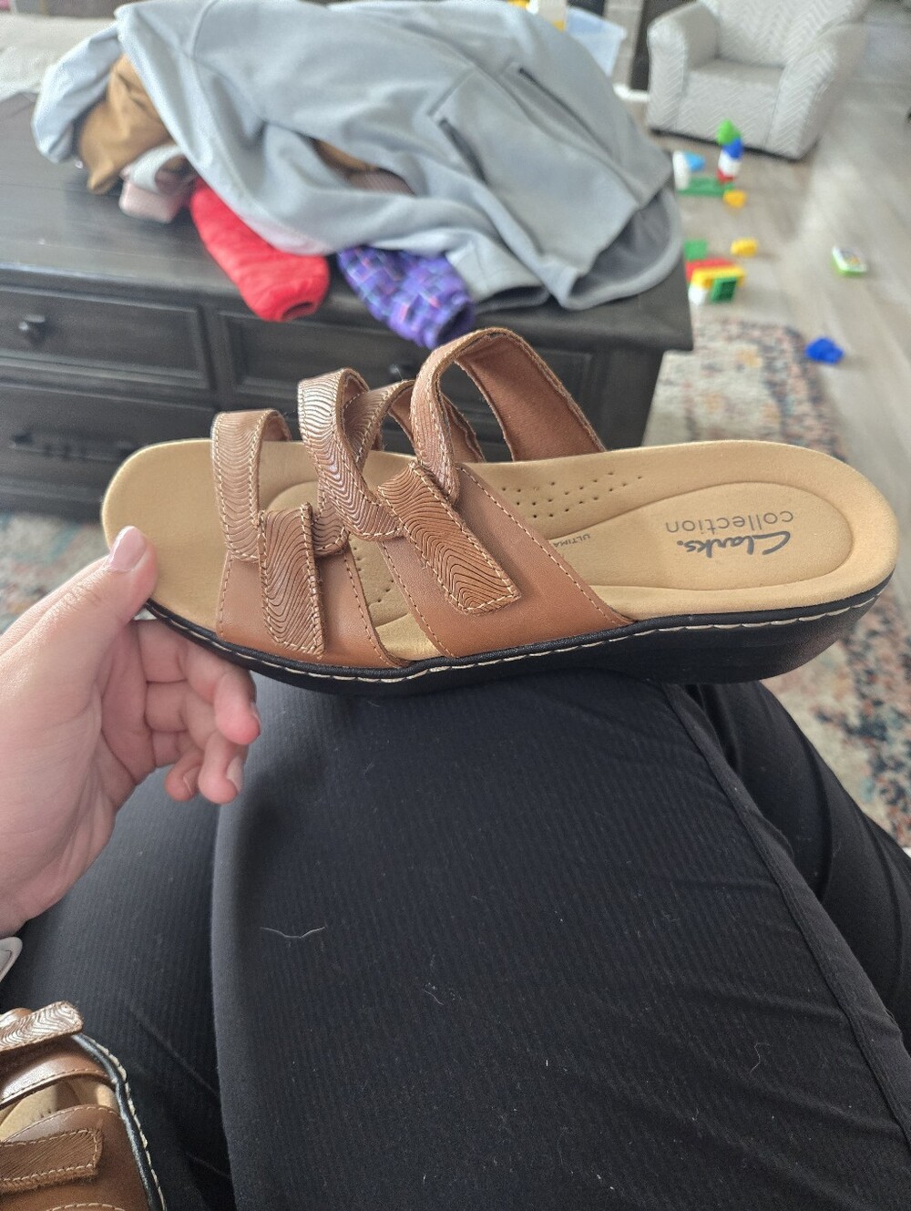 NWOT Clarks Collection Cognac Triple Strap Ultimate Comfort Slide Sandals - Picture 5 of 5